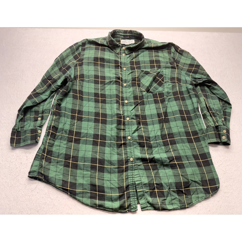 Ava & Viv Womens 3X Green Black Plaid Flannel Button Down Shirt Long Sleeve